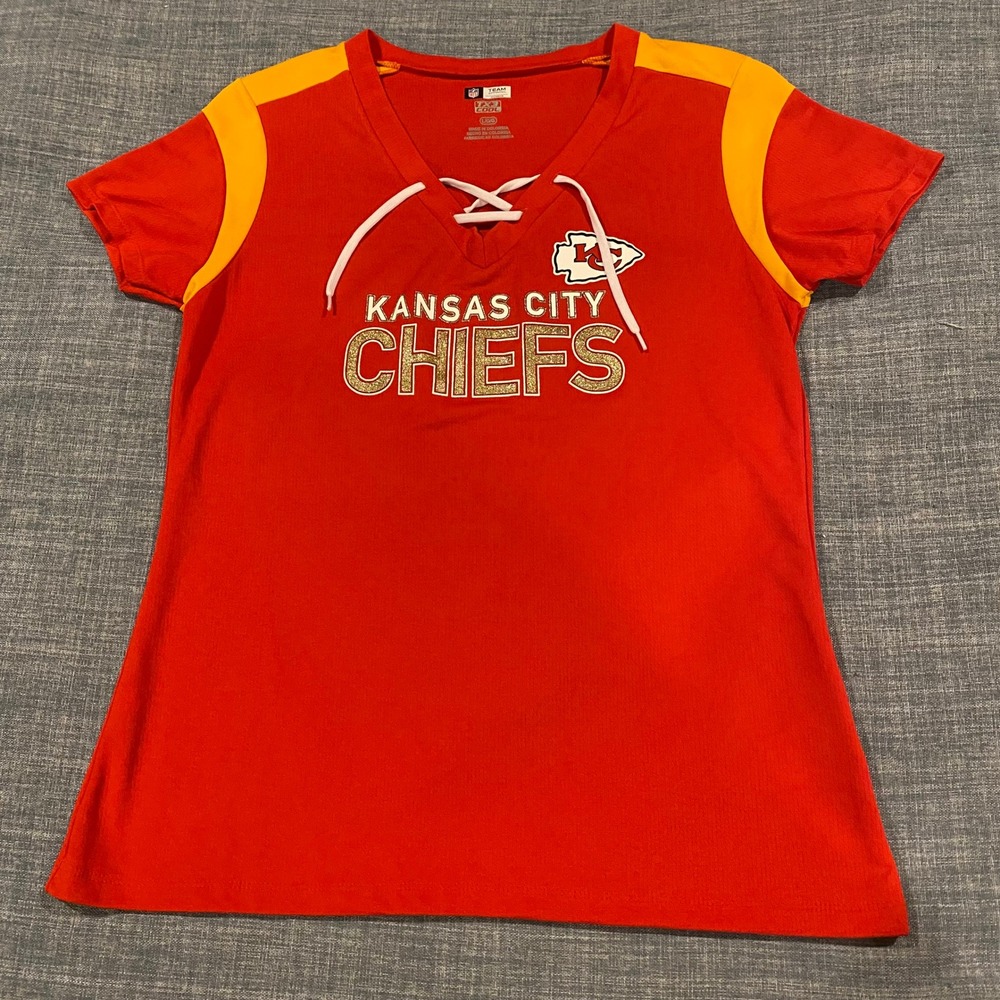 NFL Team Apparel Kansas City Chiefs Womens Red Lace Up V-Neck T-Shirt Large